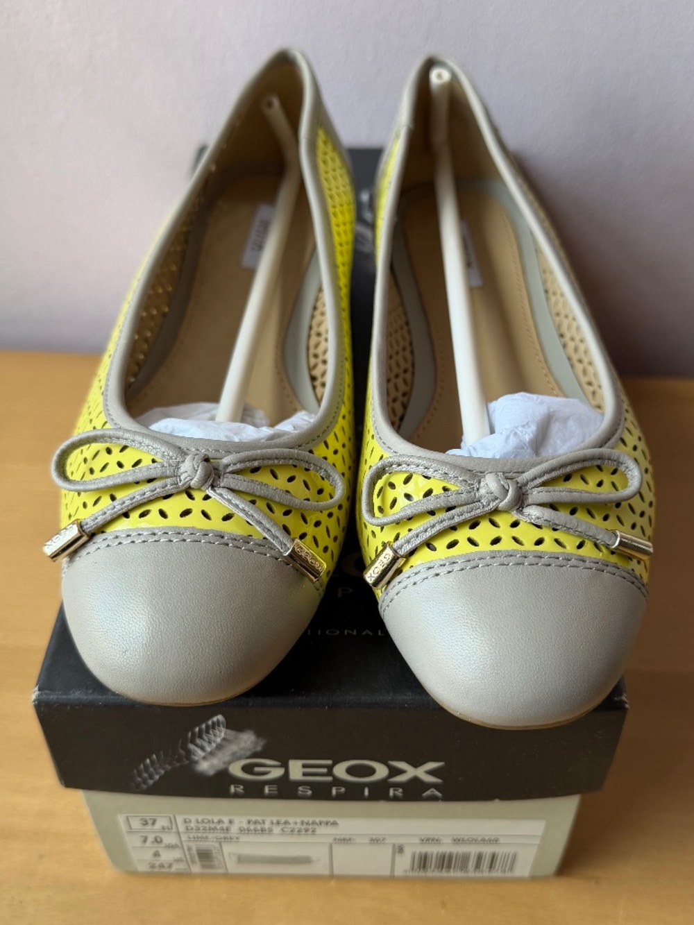 GEOX RESPIRA LOLA BALLERINA FLATS SHOES LIME PATENT GREY NAPPA LEATHER BRAND NEW